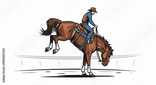 A cowboy on a bucking horse in a rodeo arena