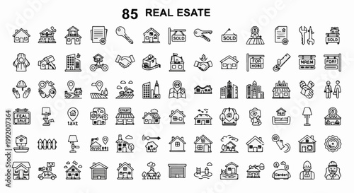 A collection of over 80 simple line art icons for real estate