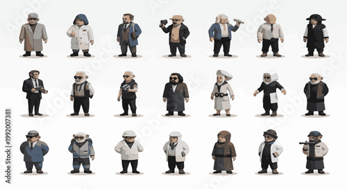 A collection of pixel art characters in varied attire and stances, including suits and lab coats