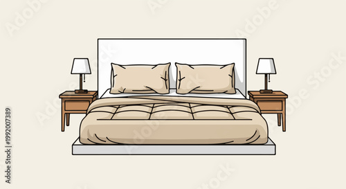 A cozy bedroom scene with a neatly made bed, two pillows, a plush comforter, and two bedside tables with lamps