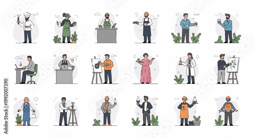 A collection of pixel art characters representing various professions and hobbies