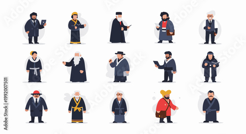 A collection of pixel-art figures depicting diverse historical scholars and thinkers, each uniquely attired