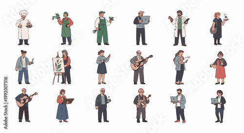 A collection of pixelated figures depicts various professions, including chefs, gardeners, artists, musicians, and professionals