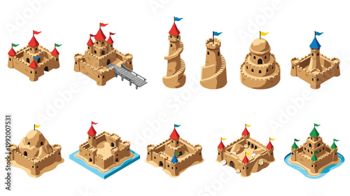 Isometric sandcastle vector set including towers and fortresses with small flags.