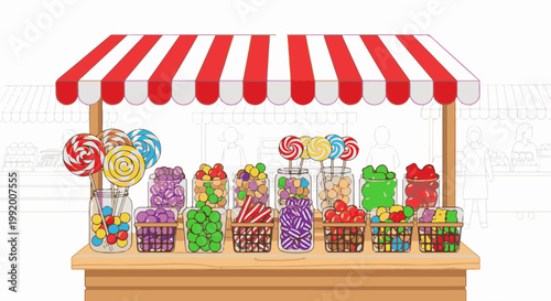 A colorful candy stand displays lollipops and jars filled with various candies