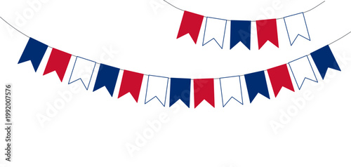 Fourth of July festive blue, red, white bunting, flags illustration. USA Independence Day, July 4th, United States of America holiday banner design element. Flat vector on transparent background