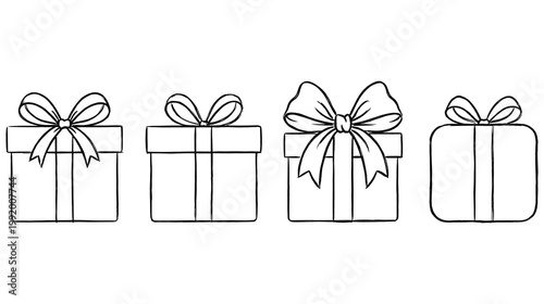 Present gift boxes line art drawing set with various bows and ribbon decorations.