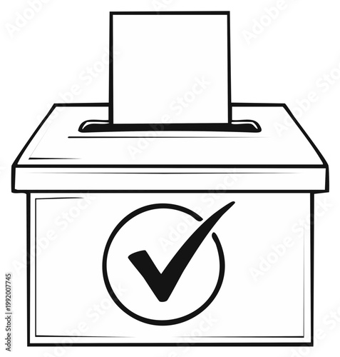 Hand drawn illustration of a ballot box with a check mark symbol signifying a vote cast