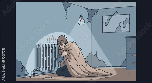 A cold, ill-clothed person huddles in a drafty, dilapidated room, seeking warmth from a radiator
