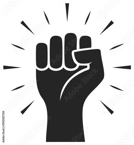 Strong black clenched fist symbol with radiating energy lines representing power and protest