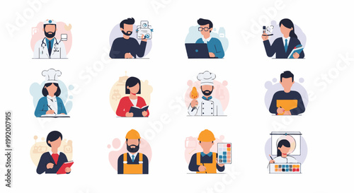 A collage of stylized people in various professions, including a doctor, chef, builder, and artist