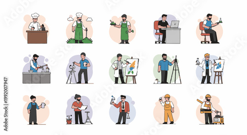 A collection of 15 cartoon characters engaged in various professions and activities