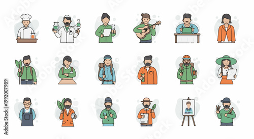 A collection of 15 distinct, colorful cartoon characters representing various professions and hobbies