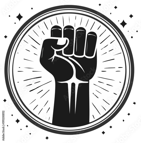 Raised fist in a circle with starburst rays and small stars. Freedom and power concept.
