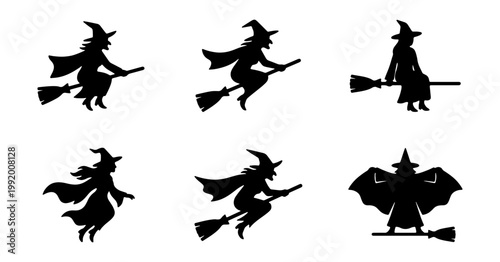 Black witch silhouettes, flying witches, Halloween icons, broomstick riders