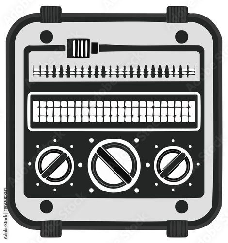 Abstract illustration of a black and white vintage sound equipment panel with dials and sliders