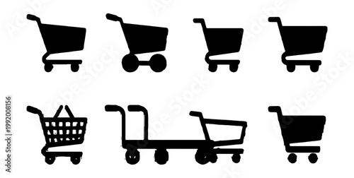 Shopping cart icons, e-commerce symbols, black shopping carts, checkout signs