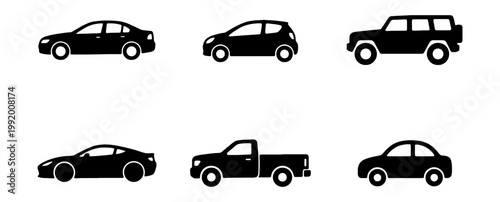 Black car icons, vehicle silhouettes, transportation symbols, automotive graphics