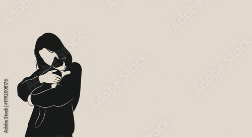 Minimalist woman, pet cat, black silhouette, vector illustration, animal lover, pet owner