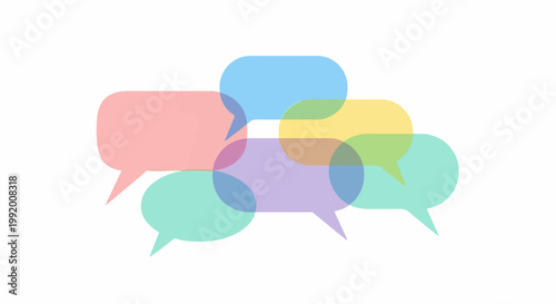 A cluster of overlapping, semi-transparent speech bubbles in pastel colors against a white background