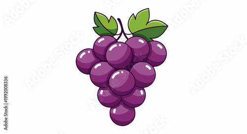A cluster of plump, juicy purple grapes with shiny skin and two green leaves