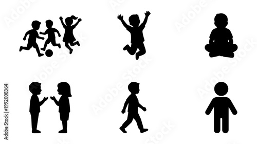 Active children silhouettes, kids playing soccer and jumping, 6 vector icons set