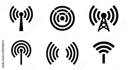 Wireless signal icon set, radio antenna tower symbols, 6 wifi vector elements