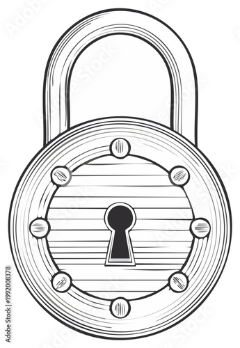 Vintage padlock with keyhole and shackle in a sketch style illustration