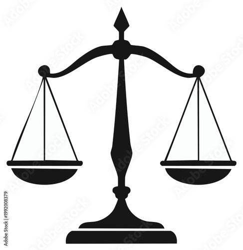 Silhouette of a balanced justice scale icon, symbol of law, and equality.