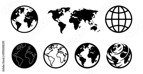 Globe Icons, World Maps, Earth Symbols, Vector Graphics