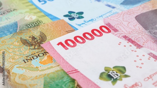 Close up top view of Indonesian rupiah banknotes 