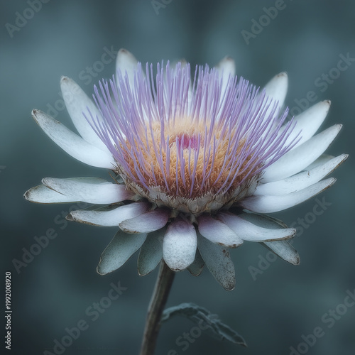 A pale flower has delicate purple filaments.