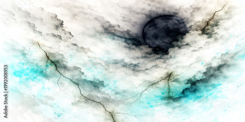 A dramatic abstract texture of dark storm clouds swirling through a black and white sky evokes the motion of smoke over a deep moonlit ocean