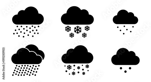 Weather icons, rain clouds, precipitation symbols, black