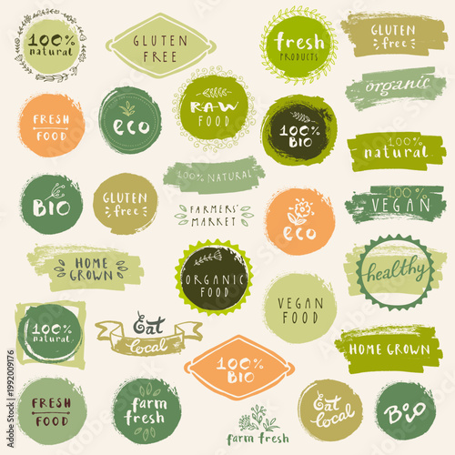 Organic food, natural farm label set. Fresh eco product badges, green leaf design. Vintage handmade calligraphy lettering, brushstroke vector illustration. Healthy vegetarian market logo, sticker embl