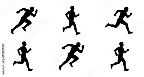 Running, jogging, sprinting, athlete silhouettes, 6 black icons