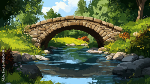 A picturesque stone bridge arches over a serene, flowing body of water, surrounded by lush green foliage