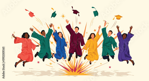 Graduation celebration, graduates jumping, colorful robes, academic achievement, university success