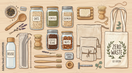 Zero Waste Lifestyle Kit with Reusable Essentials, Glass Jars for Bulk Food, Bamboo Toothbrushes, Metal Straws, and Tote Bag on Wooden Background Illustration