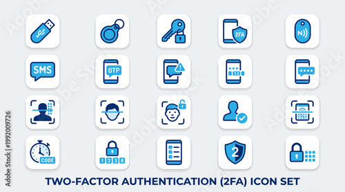 Two-Factor Authentication 2FA Security Icon Set with Biometric Login, OTP Code, SMS Verification, Security Key, and Digital Identity Protection Illustrations