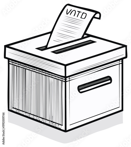 Illustrated ballot box with voting paper, democracy and election concept.