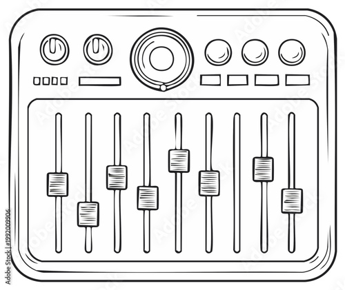 Audio mixing board graphic, sound equipment control panel, line art, music technology