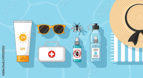 Summer vacation, beach essentials, travel accessories, sun protection, icons