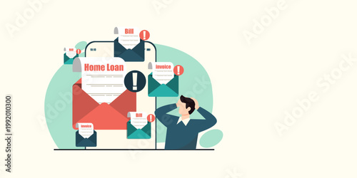 A man holds his head in stress while surrounded by digital notifications of home loans, unpaid bills, and invoices on a smartphone screen, representing financial pressure and debt management.
