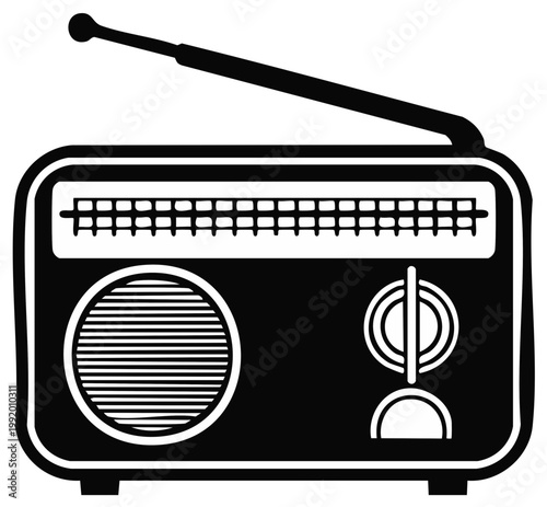 Retro portable radio with antenna and speaker grille a simple black and white graphic illustration