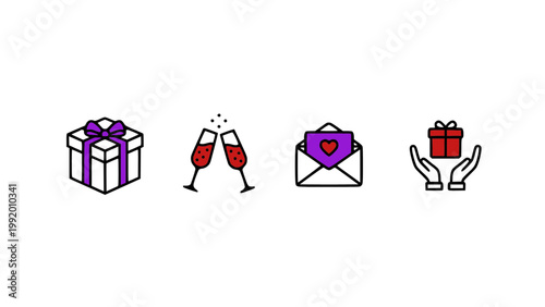 Icons with gifts, champagne, and festive celebration symbols.