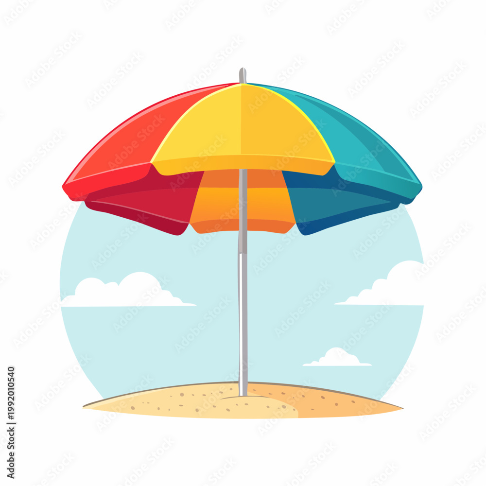Obraz premium Colorful Beach Umbrella on Sandy Shore with Blue Sky and Clouds