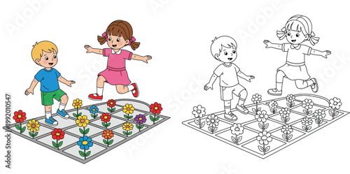 Happy Kids Playing Hopscotch on Flower Grid Cartoon Illustration and Coloring Page Set for Kids Educational Activity
