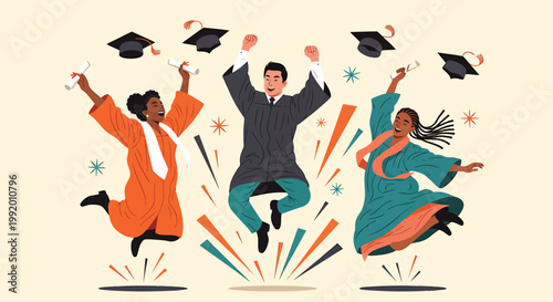 Graduation celebration, graduates jumping, happy students, academic achievement icons