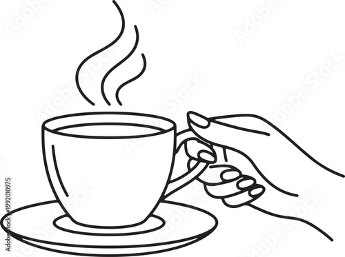 hand holding coffee cup icon steam mug line art design vector illustration